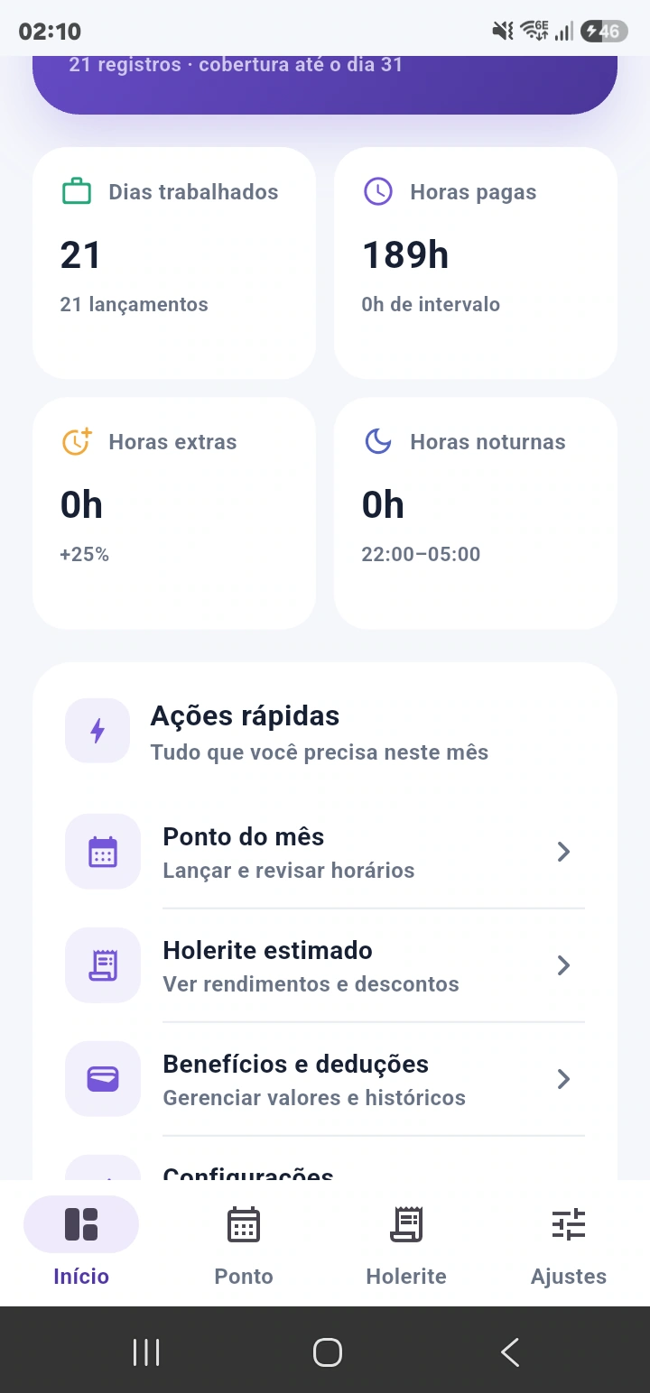 Ações rápidas da tela inicial